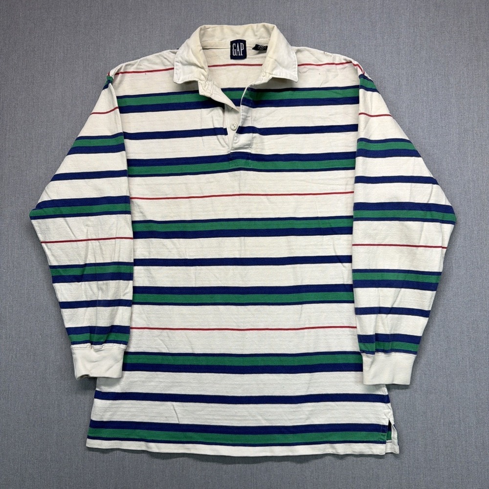Vintage Gap Men's M Rugby Striped Long Sleeve Polo Blue White Distressed